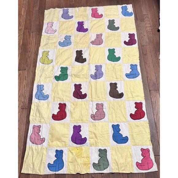 None Other - Vintage Handmade Patchwork Baby Quilt Teddy Bears 1940's Damaged READ